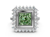 White gold Fancy Green Princess  Halo Diamond Ring with Milgrain Edge and Round Prong Setting_35