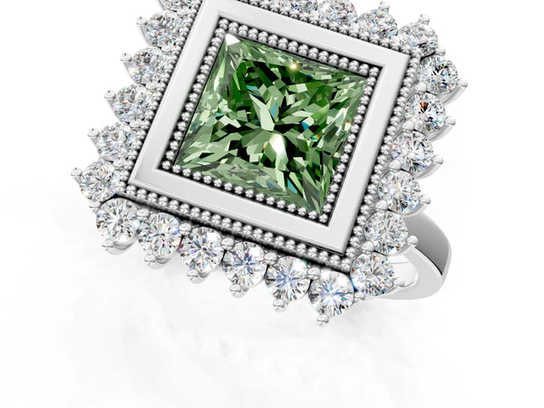 Platinum Fancy Green Princess  Halo Diamond Ring with Milgrain Edge and Round Prong Setting