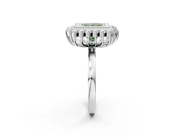 Platinum Fancy Green Princess  Halo Diamond Ring with Milgrain Edge and Round Prong Setting