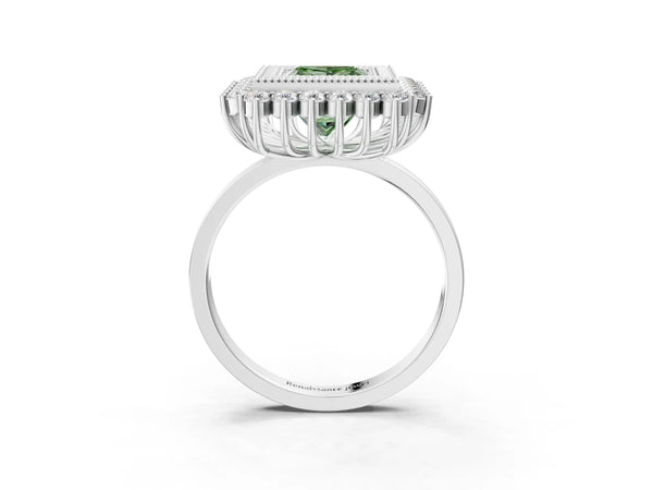 Platinum Fancy Green Princess  Halo Diamond Ring with Milgrain Edge and Round Prong Setting