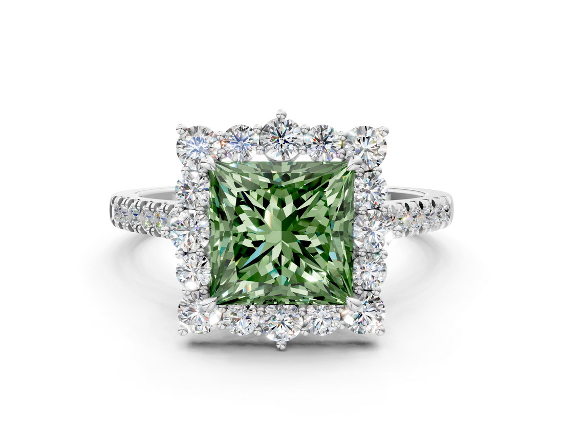 White gold Fancy Green Princess  Halo Diamond Ring with Pavé Band and Prong Setting