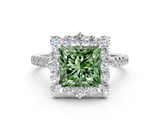 White gold Fancy Green Princess  Halo Diamond Ring with Pavé Band and Prong Setting