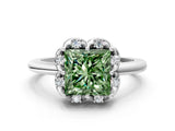 White gold Fancy Green Princess  Halo Diamond Ring with Round Cluster Setting, Solitaire Band, and Four-Prong Setting_47