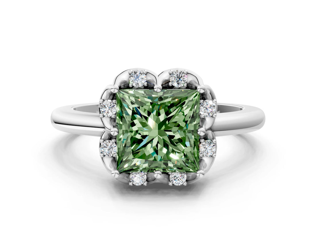 White gold Fancy Green Princess  Halo Diamond Ring with Round Cluster Setting, Solitaire Band, and Four-Prong Setting_51