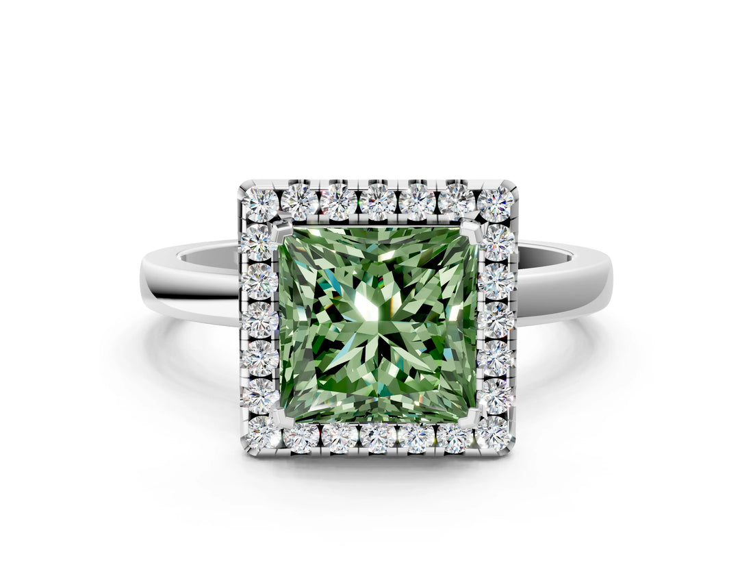 White gold Fancy Green Princess  Halo Diamond Solitaire with Pavé Band and Four-Prong Setting_29