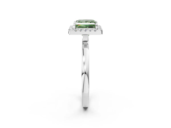 Platinum Fancy Green Princess  Halo Diamond Solitaire with Pavé Band and Four-Prong Setting