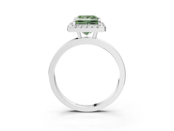 Platinum Fancy Green Princess  Halo Diamond Solitaire with Pavé Band and Four-Prong Setting