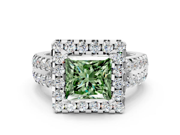Platinum Fancy Green Princess  Halo Diamond Split Shank Engagement Ring with Prong Setting