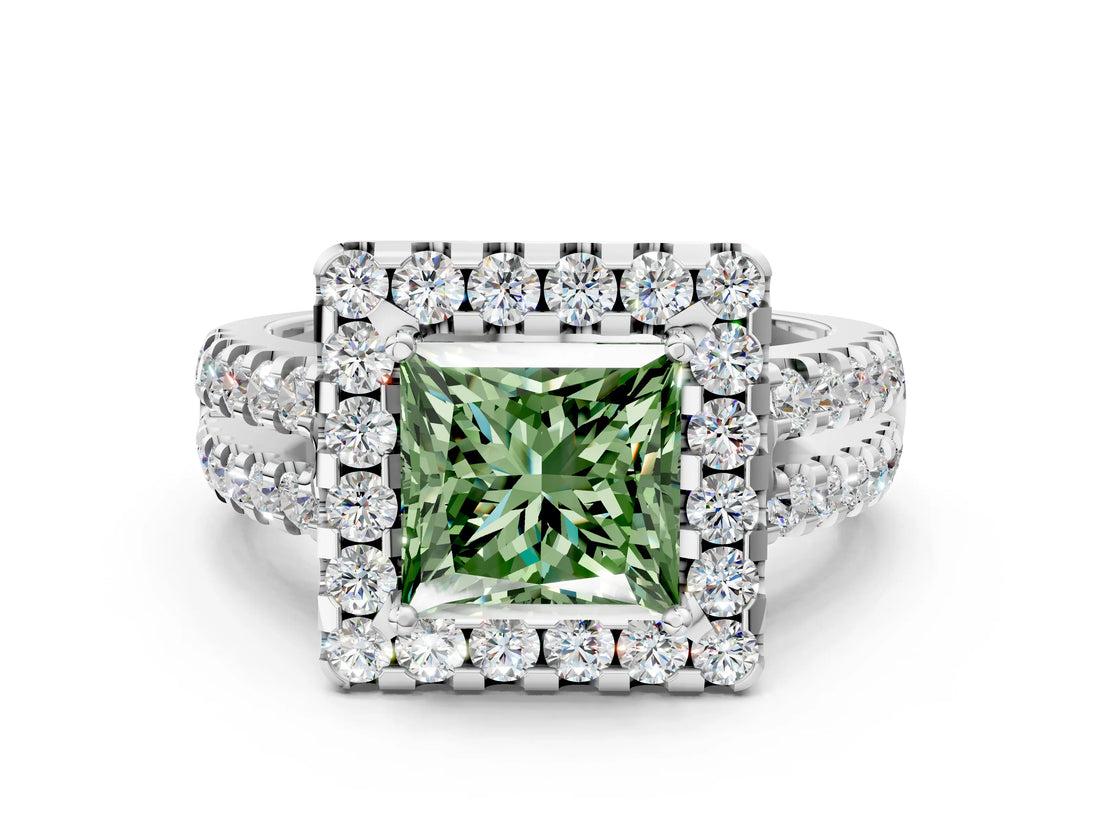 White gold Fancy Green Princess  Halo Diamond Split Shank Engagement Ring with Prong Setting_63
