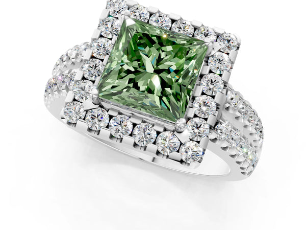 Platinum Fancy Green Princess  Halo Diamond Split Shank Engagement Ring with Prong Setting