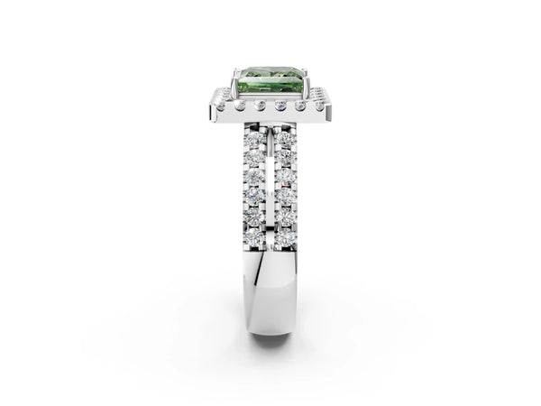 Platinum Fancy Green Princess  Halo Diamond Split Shank Engagement Ring with Prong Setting