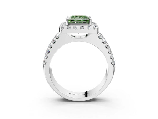 Platinum Fancy Green Princess  Halo Diamond Split Shank Engagement Ring with Prong Setting