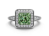 White gold Fancy Green Princess  Halo Diamond Split Shank Ring with Milgrain Detail_28