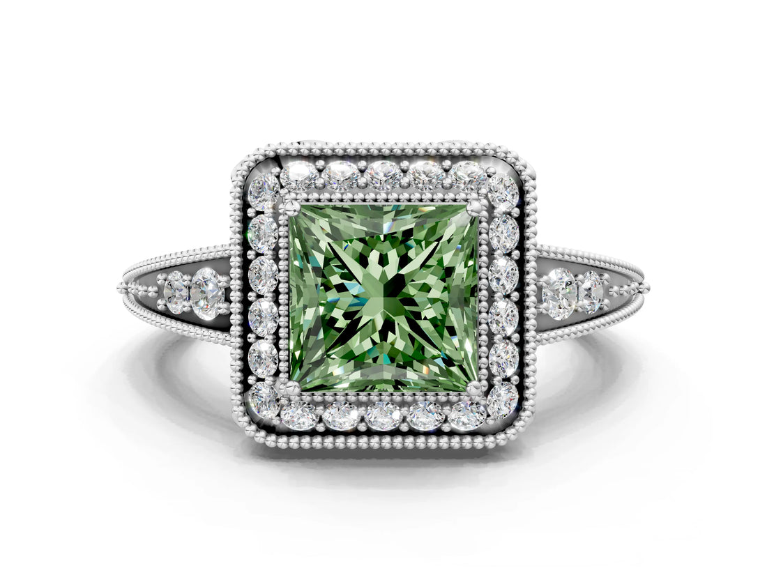 White gold Fancy Green Princess  Halo Diamond Split Shank Ring with Milgrain Detail_29