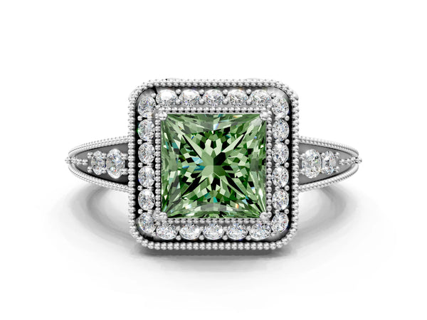 Platinum Fancy Green Princess  Halo Diamond Split Shank Ring with Milgrain Detail