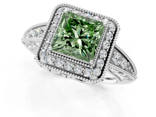 Platinum Fancy Green Princess  Halo Diamond Split Shank Ring with Milgrain Detail
