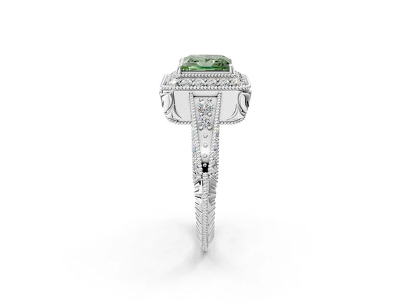 Platinum Fancy Green Princess  Halo Diamond Split Shank Ring with Milgrain Detail