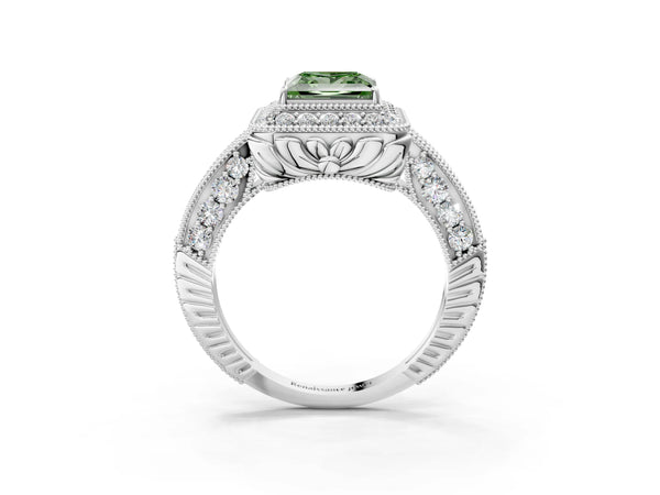 Platinum Fancy Green Princess  Halo Diamond Split Shank Ring with Milgrain Detail
