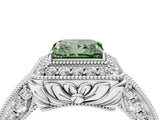 White gold Fancy Green Princess  Halo Diamond Split Shank Ring with Milgrain Detail_33