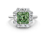 White gold Fancy Green Princess  Halo Milgrain Solitaire with Bezel Set Side Stones and Pave Band_32