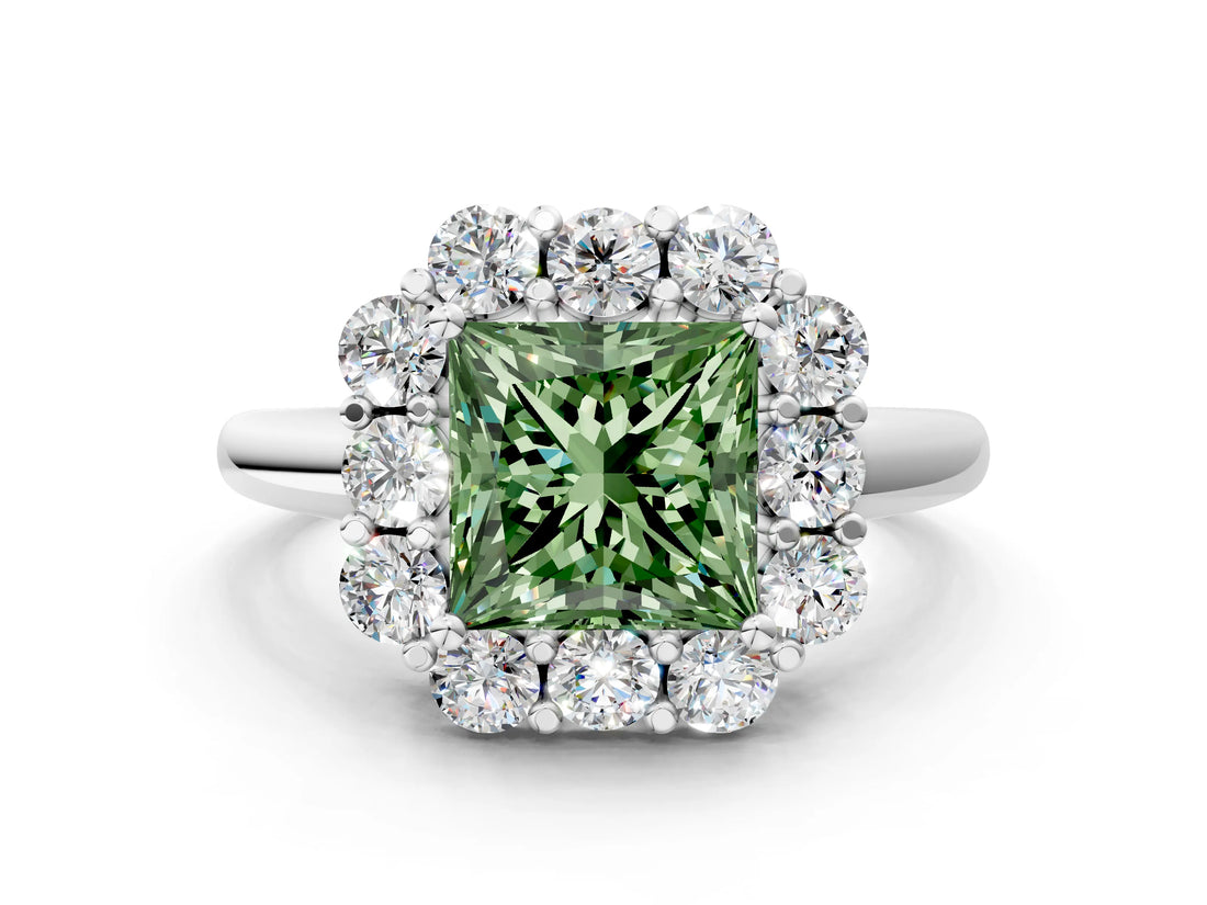 White gold Fancy Green Princess  Halo Milgrain Solitaire with Bezel Set Side Stones and Pave Band_32