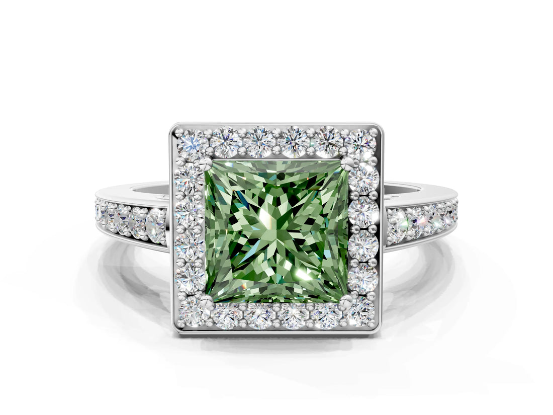 White gold Fancy Green Princess  Halo Pavé Diamond Engagement Ring with Bezel Setting_24