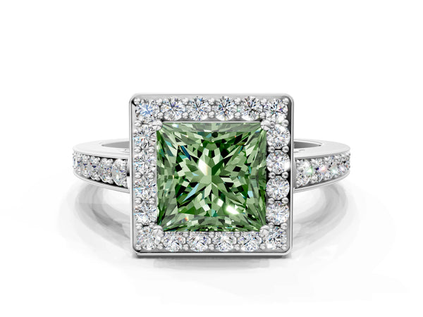 White gold Fancy Green Princess  Halo Pavé Diamond Engagement Ring with Bezel Setting