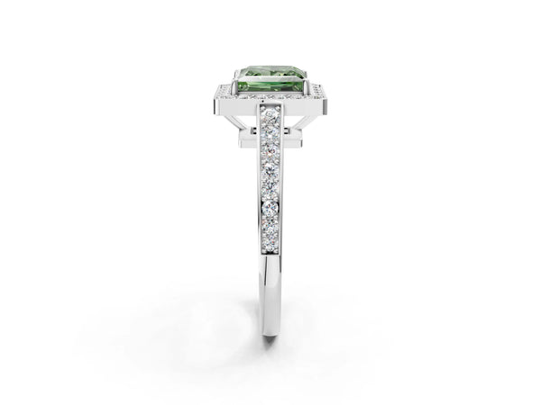 White gold Fancy Green Princess  Halo Pavé Diamond Engagement Ring with Bezel Setting