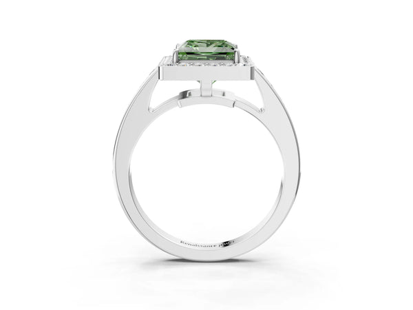 White gold Fancy Green Princess  Halo Pavé Diamond Engagement Ring with Bezel Setting