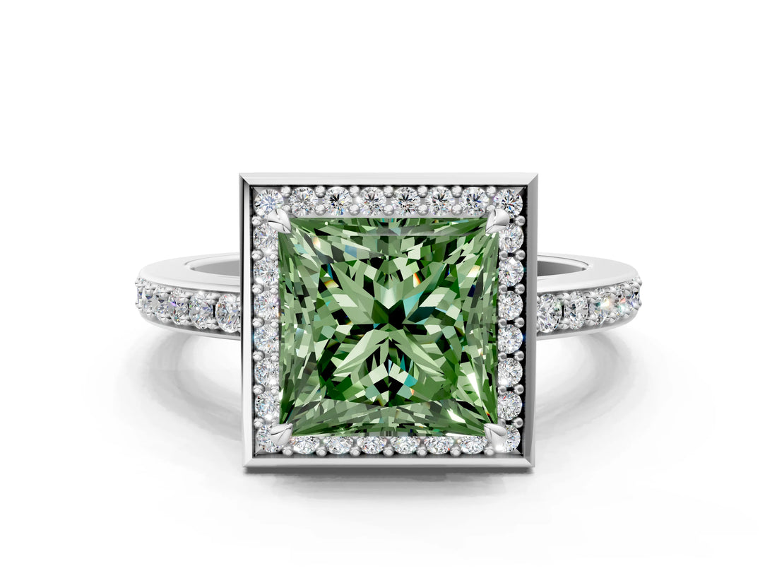 White gold Fancy Green Princess  Halo Pave Band Solitaire Ring with Prong Setting_29