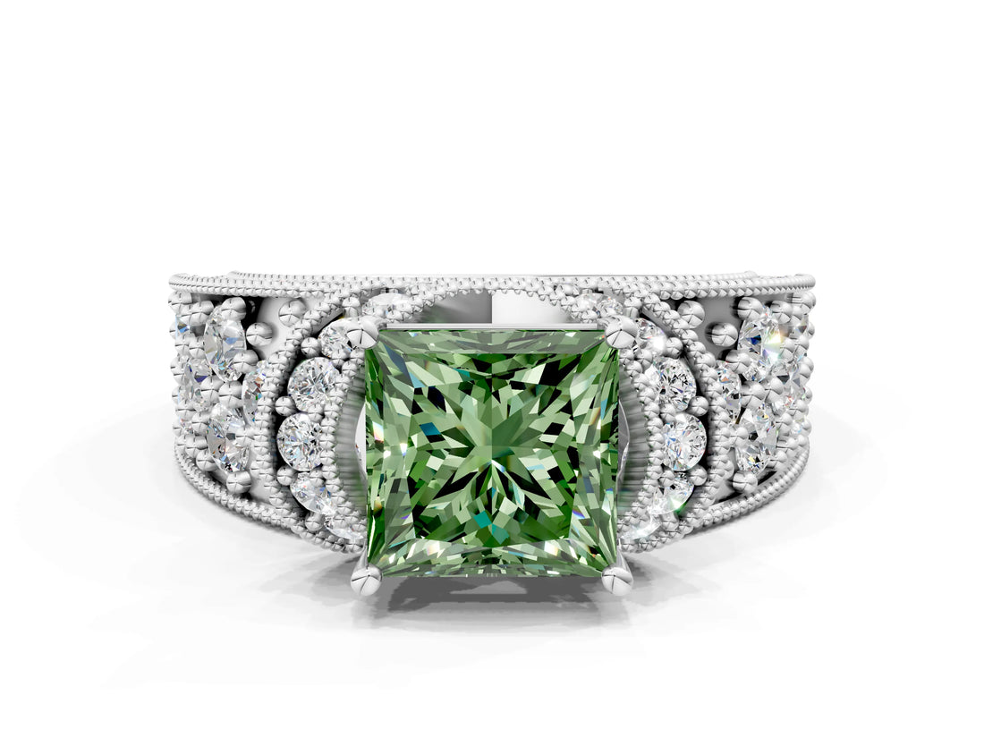 White gold Fancy Green Princess  Halo Pave Diamond Engagement Ring with Milgrain Detailing_30