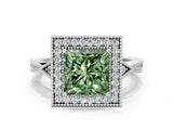 White gold Fancy Green Princess  Halo Round Diamond Milgrain Pave Engagement Ring_3