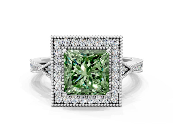 Platinum Fancy Green Princess  Halo Round Diamond Milgrain Pave Engagement Ring