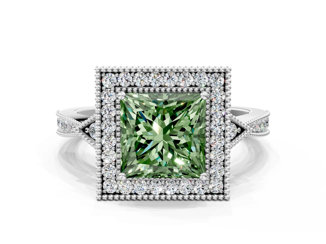 White gold Fancy Green Princess  Halo Round Diamond Milgrain Pave Engagement Ring_3