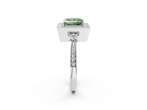 Platinum Fancy Green Princess  Halo Round Diamond Milgrain Pave Engagement Ring