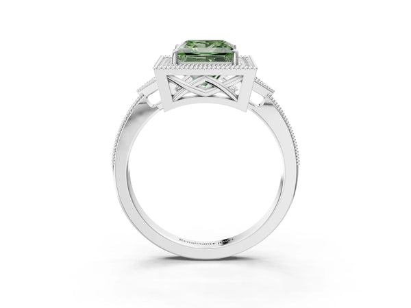 Platinum Fancy Green Princess  Halo Round Diamond Milgrain Pave Engagement Ring