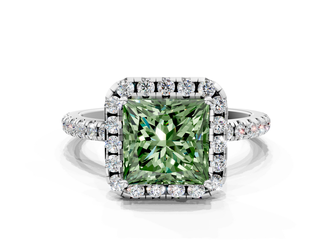 White gold Fancy Green Princess  Halo Round Diamond Pavé Band Four-Prong Ring_3