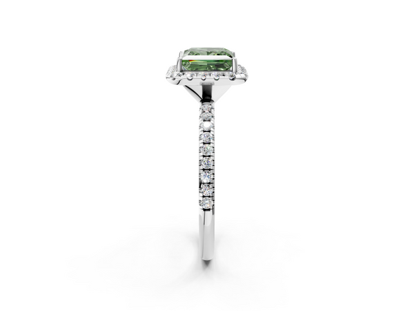 Platinum Fancy Green Princess  Halo Round Diamond Pavé Band Four-Prong Ring