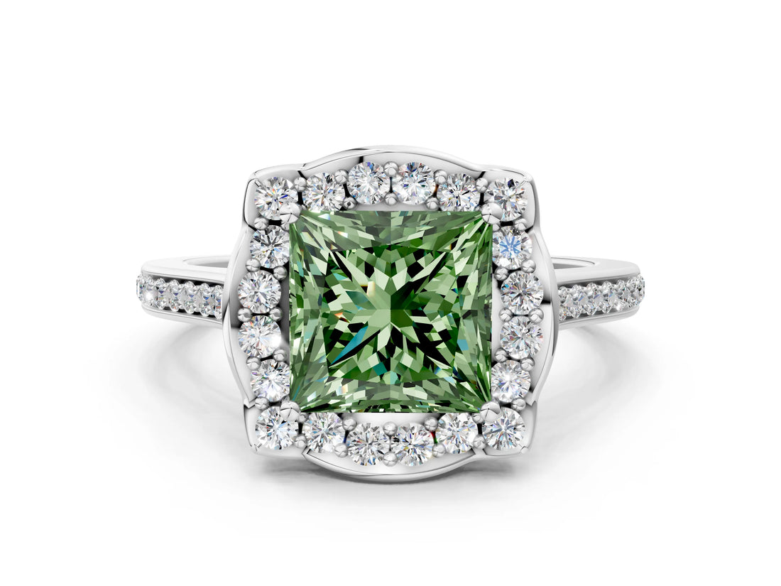 White gold Fancy Green Princess  Halo Round Diamond Pave Band with Four-Prong Setting_50