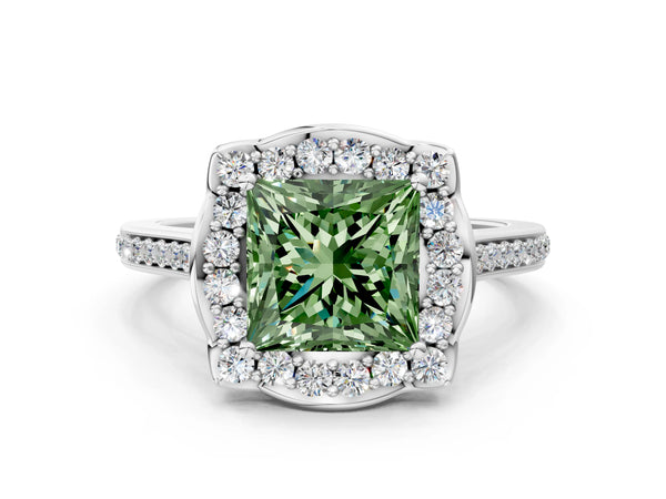 White gold Fancy Green Princess  Halo Round Diamond Pave Band with Four-Prong Setting