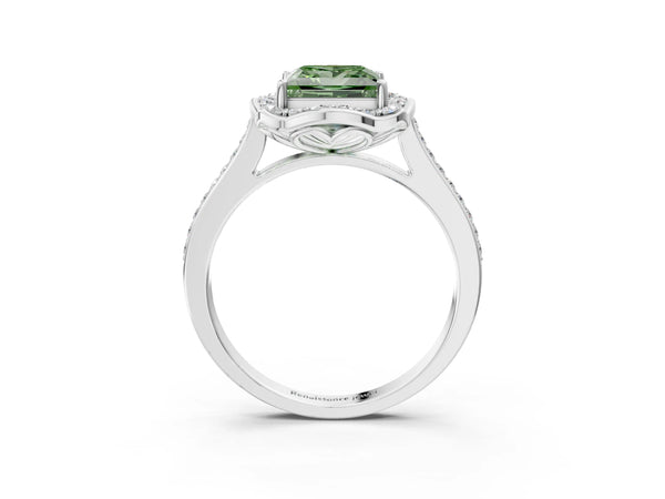 White gold Fancy Green Princess  Halo Round Diamond Pave Band with Four-Prong Setting