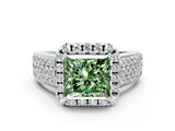 White gold Fancy Green Princess  Halo Round Diamond Pave Band with Prong Setting