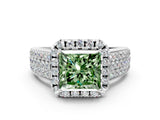 White gold Fancy Green Princess  Halo Round Diamond Pave Band with Prong Setting_24