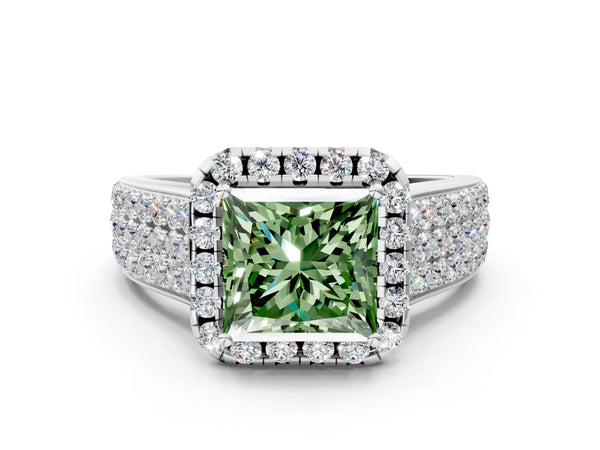 White gold Fancy Green Princess  Halo Round Diamond Pave Band with Prong Setting