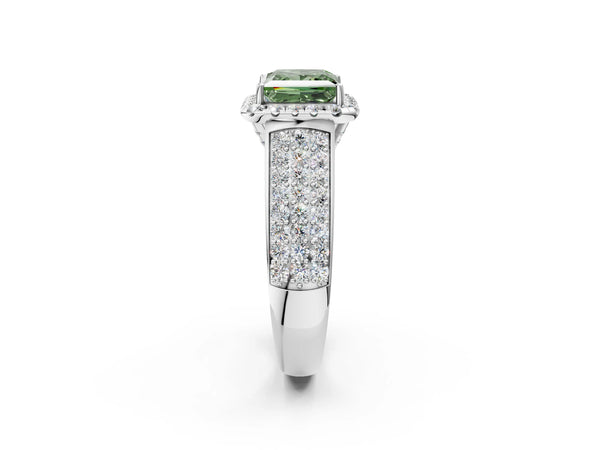 White gold Fancy Green Princess  Halo Round Diamond Pave Band with Prong Setting