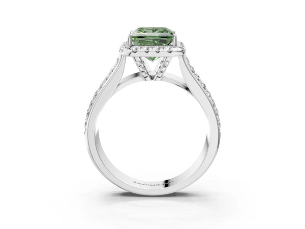 White gold Fancy Green Princess  Halo Round Diamond Pave Band with Prong Setting