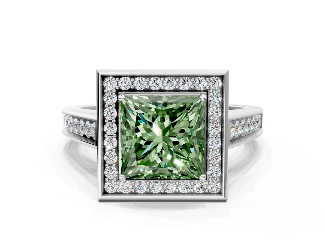 White gold Fancy Green Princess  Halo Solitaire Diamond Ring with Pave Band and Bezel Setting_28