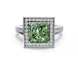 White gold Fancy Green Princess  Halo Solitaire Diamond Ring with Pave Band and Bezel Setting_29