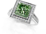 White gold Fancy Green Princess  Halo Solitaire Diamond Ring with Pave Band and Bezel Setting_30