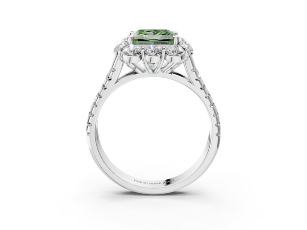Platinum Fancy Green Princess  Halo Split Shank Diamond Engagement Ring with Pave Band and Four-Prong Setting